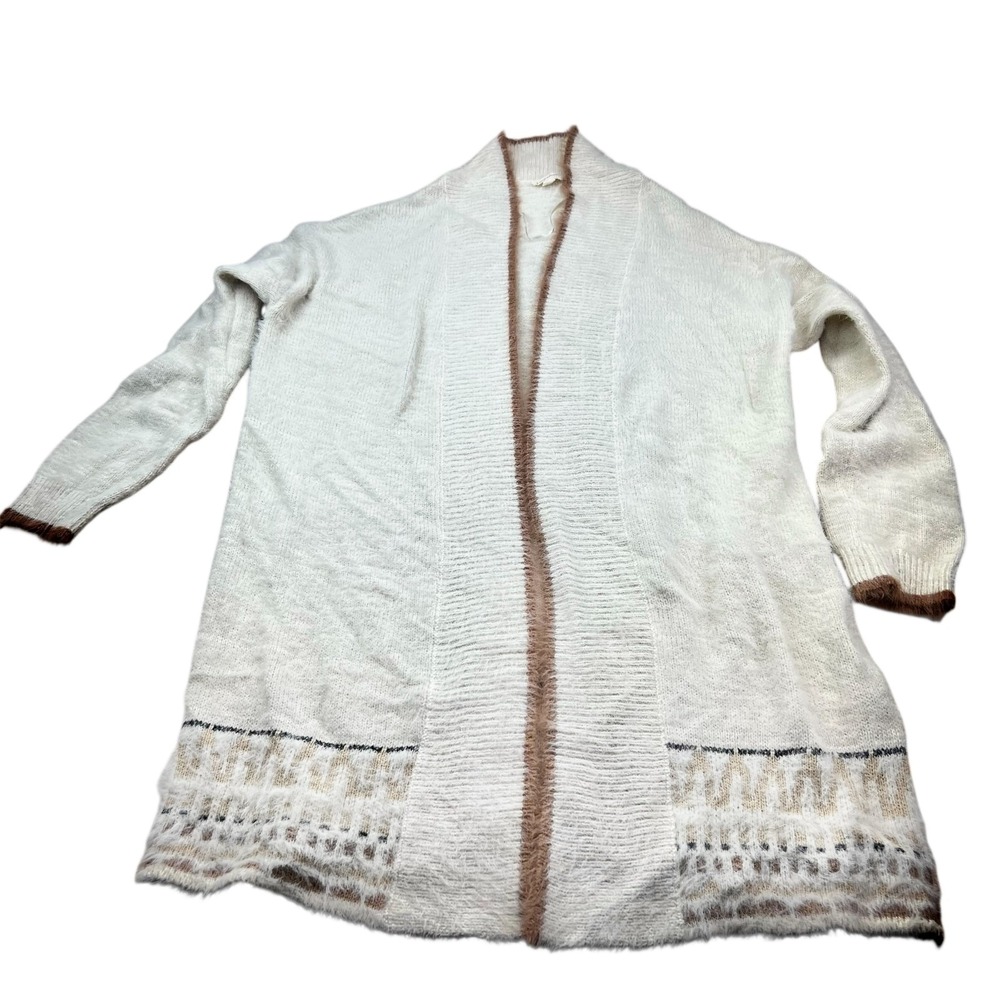Mystree Cardigan Women Size M Cream Brown Tribal Eyelash Knit Open Front Sweater